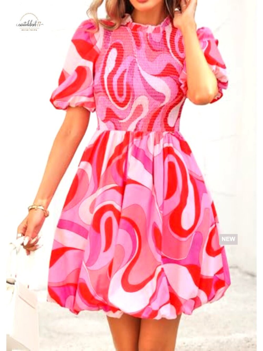 Cotton Smocked Mini Dress Puff Sleeve Boho A-Line Summer Casual - Picture 4 of 7